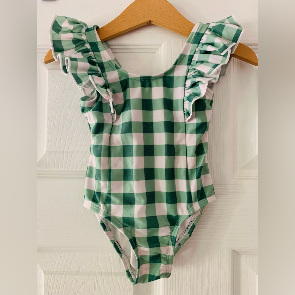 Cat & Jack Green and White Gingham Swimsuit